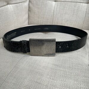 LIQUID TULLIANI Black Leather Distressed Belt Silver Tone Matte Rectangle Buckle